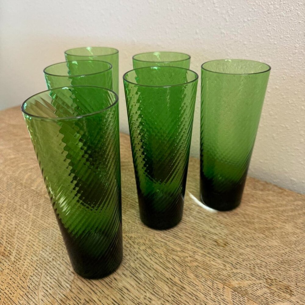 Vintage Green Swirl Drinking Glasses, Set of 6